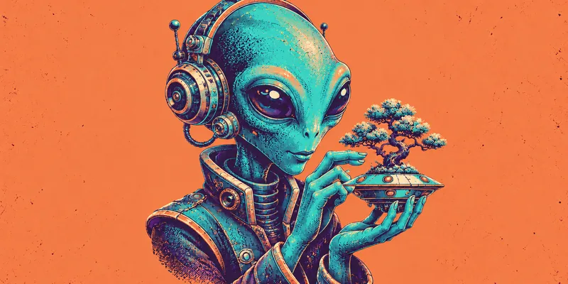 A91 artwork: alien tending a bonsai